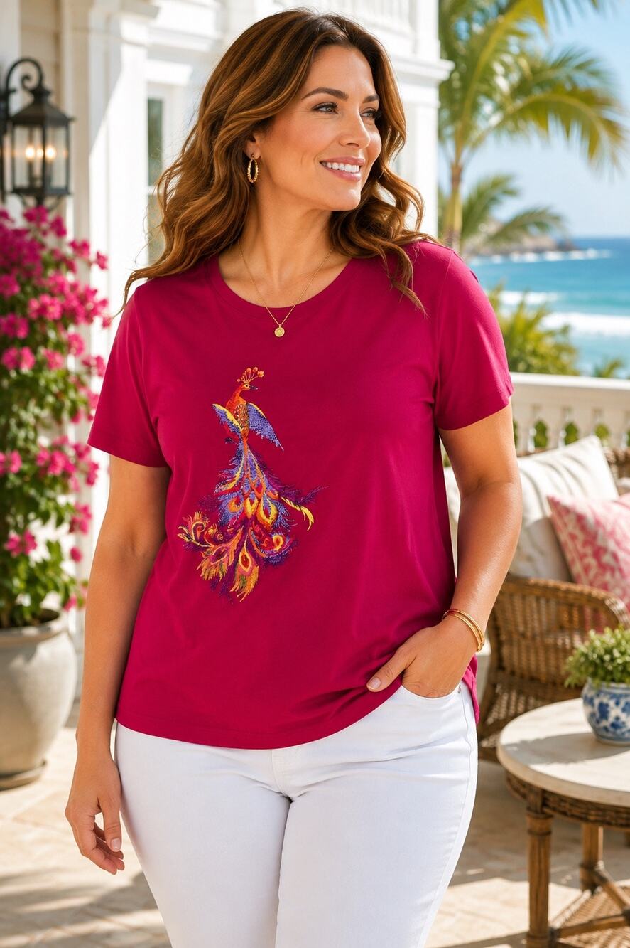 Lauren Ralph Lauren Womens XL Pink Peacock Embroidered Cotton T Shirt Tee